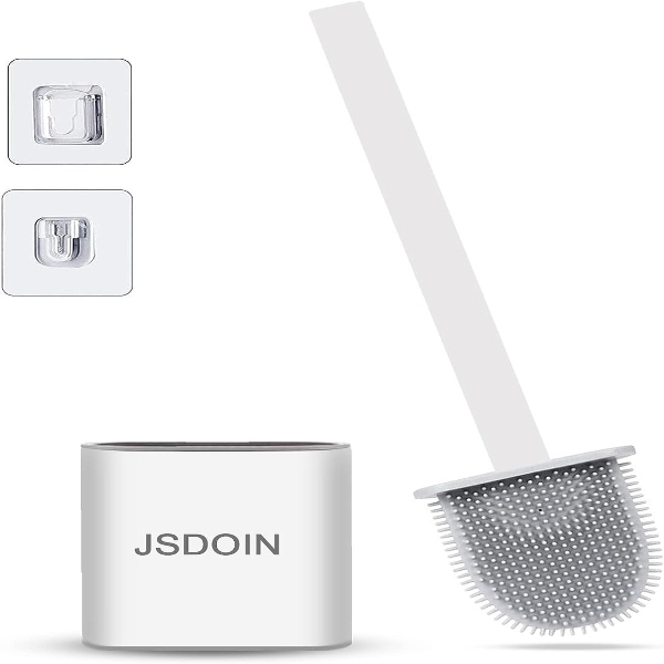 Jsdoin Toilet Brush, Bathroom Toilet Brush Holder Set,Deep Cleaner Silicone Toilet Brushes with No-Slip Long Plastic Handle,Toilet Brush with Quick Drying Holder Set for Bathroom Toilet (White)